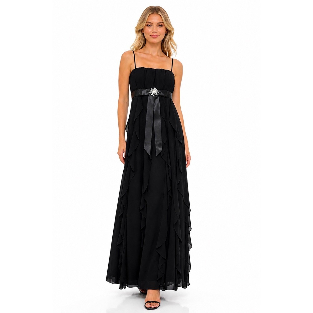 Vtg Black Corkscrew Ruffle Maxi Dress‎ M Formal Goth Dark Fairy Bow Rhinestone